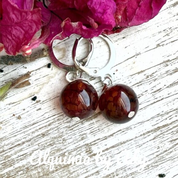 Deep red agate spheres gold earrings - Picture 1 of 1